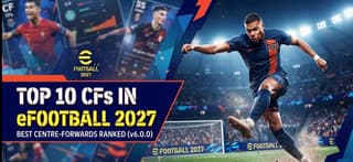 Centre-forward striking the ball in an eFootball 2027-themed graphic