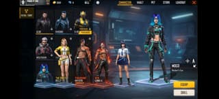 Free Fire character selection screen showing several unlockable characters