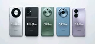 Five Honor smartphones with large batteries laid out side by side