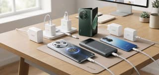 Honor SuperCharge phones and charging brick laid out on a desk, representing Honor's 2026 fast-charging lineup