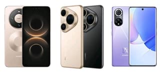 Huawei Pura, Mate, and nova phones placed side by side on a table