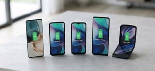 Five Motorola phones lined up side by side showing their screens and battery icons