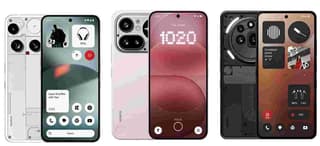 Five Nothing and CMF phones laid out side by side showing their rear camera modules