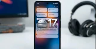 Android 17 logo over a frosted-glass style phone interface showing the new Material 3 Expressive design