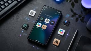 Five AI app icons arranged on an Android phone screen — Claude, ChatGPT, Perplexity, Copilot, and Gemini — on a dark background