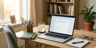 Student studying with a laptop open to an AI chat interface, notebooks and coffee on the desk