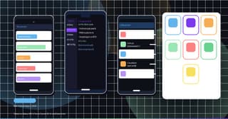 Three Android phone mockups showing Structured, Obsidian, and Bitwarden app interfaces alongside a grid of seven app icons on a dark background