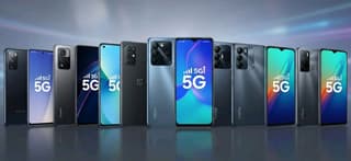 A lineup of smartphones with 5G branding displayed side by side against a dark background