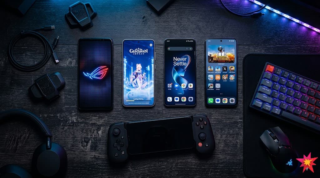 A flat-lay or overhead shot of multiple smartphones arranged on a dark surface or gaming desk, ideally with a controller or RGB keyboard nearby. Dark moody aesthetic. No text overlays.