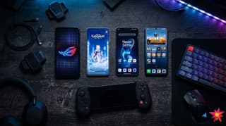 A flat-lay or overhead shot of multiple smartphones arranged on a dark surface or gaming desk, ideally with a controller or RGB keyboard nearby. Dark moody aesthetic. No text overlays.