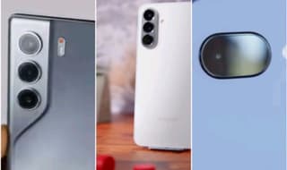 Four smartphones arranged side by side showing their rear camera modules, representing a night photography phone comparison
