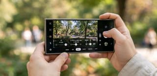Samsung Galaxy phone camera app open with Pro mode sliders visible on screen