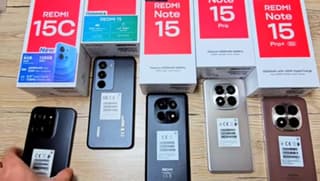Redmi Note 15 series smartphones lined up showing display and camera module