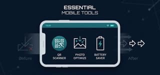 ReviByte Tools icons for QR code, image compression, and battery charging on dark background