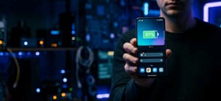 Smartphone glowing with a battery charge icon on a dark background