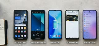Five budget Xiaomi, Redmi, and POCO smartphones under $250 arranged side by side