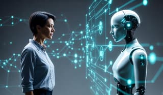 Human worker and an AI system facing each other across a digital workspace