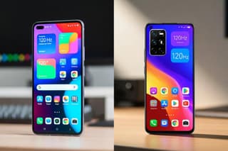 Editorial-style image showing a premium-looking Android phone with slim bezels, bright OLED display, and minimalist background