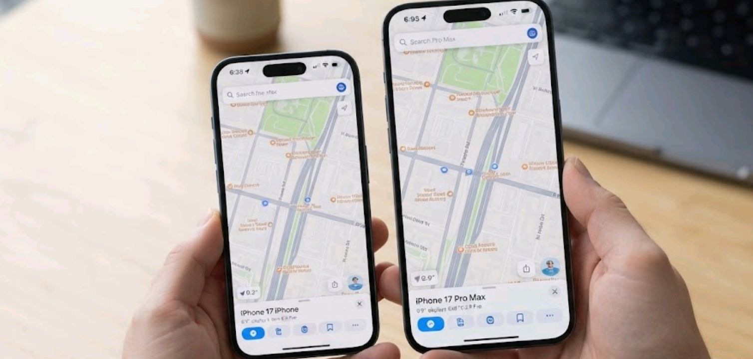 Person holding iPhone comparing screen size against a Pro Max model