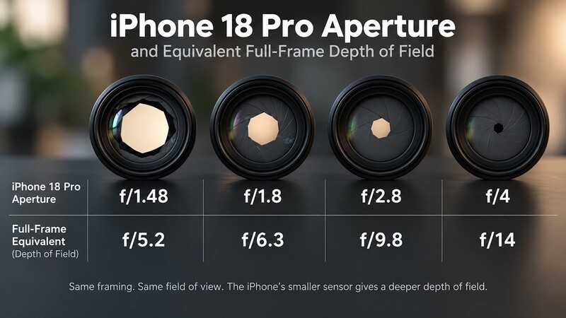 iPhone 18 Pro Camera app showing the four manual aperture dots at the bottom of the viewfinder