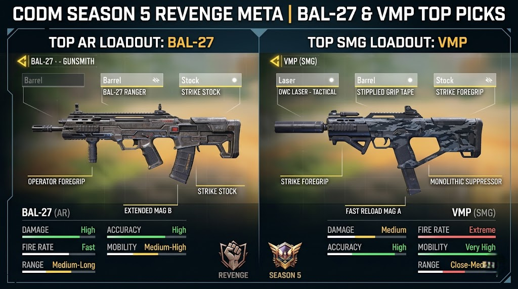 COD Mobile Season 5 2026 A-tier weapons BAL-27 and VMP loadouts in the Revenge meta