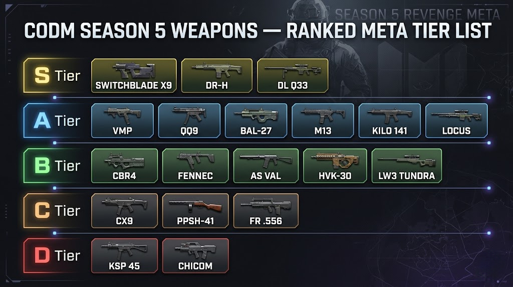 COD Mobile Season 5 2026 full weapon tier list ranking SMGs ARs and snipers in the Revenge meta