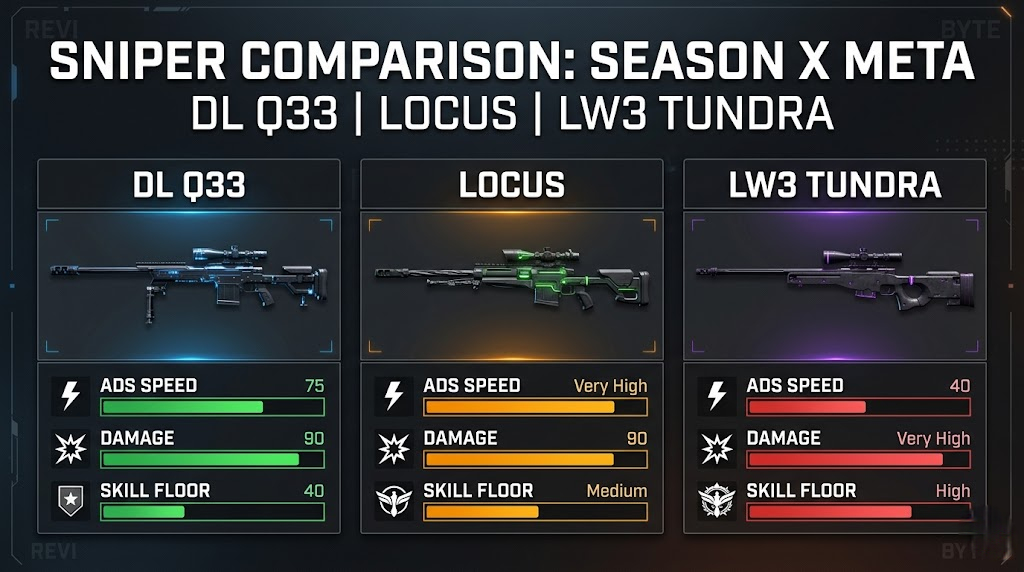 COD Mobile Season 5 2026 sniper tier comparison showing DL Q33 vs Locus vs LW3 Tundra stats