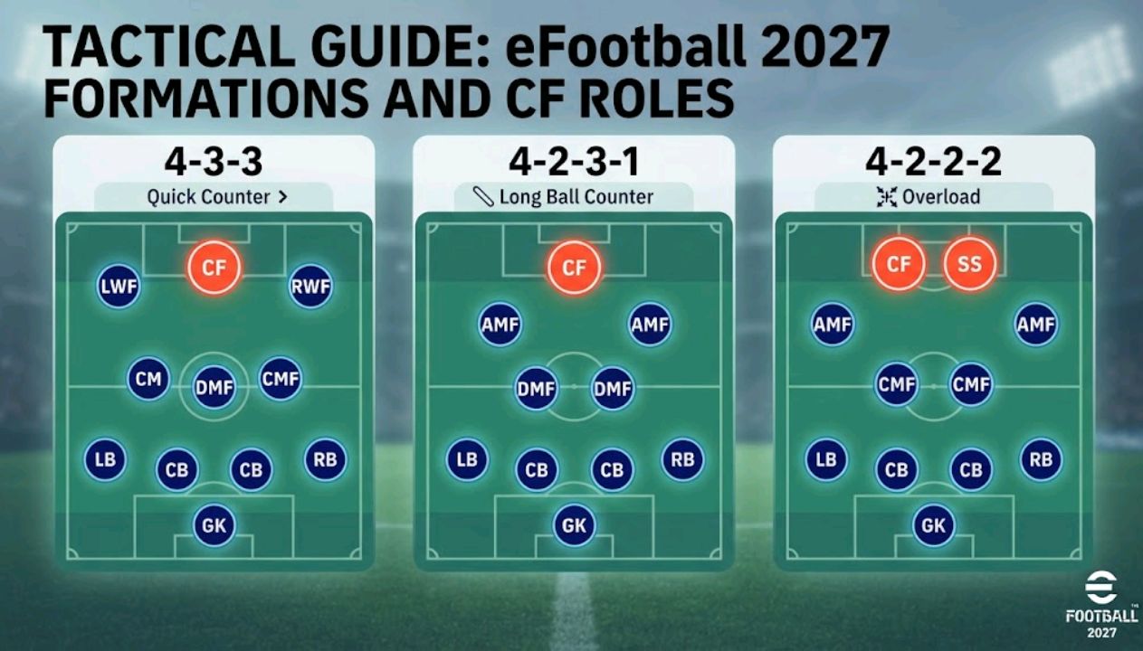 Tactical diagram showing CF positioning across different eFootball 2027 formations