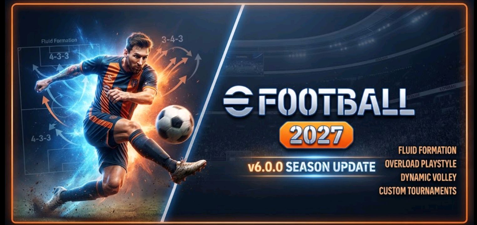 eFootball 2027 v6.0.0 update key art showing Custom Tournament and Fluid Formation menus