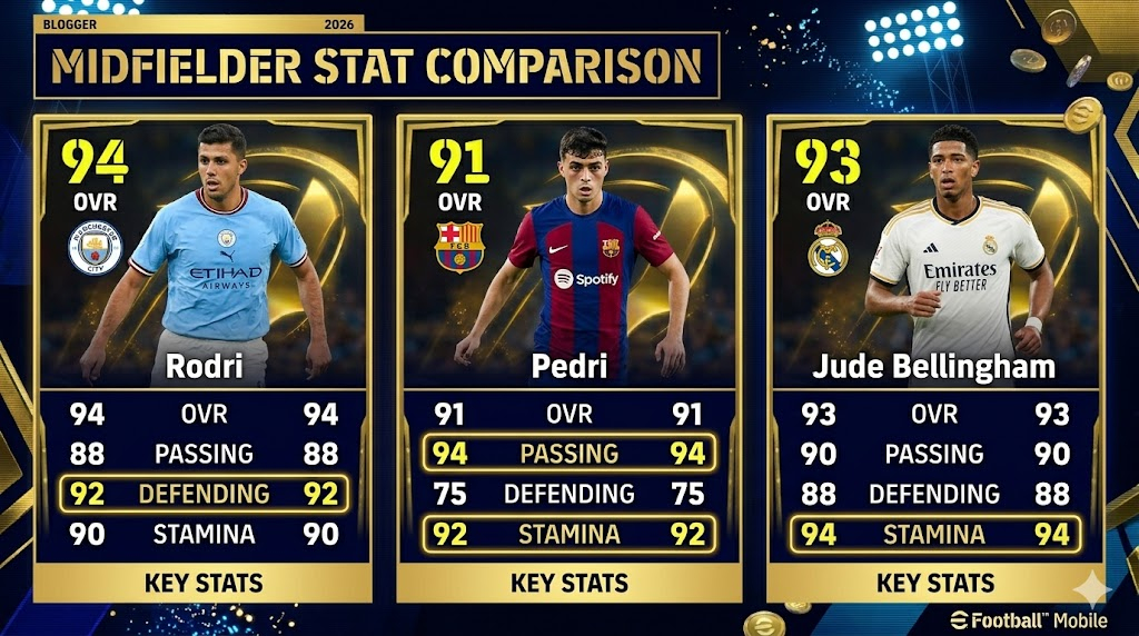 eFootball™ 2026 midfield comparison May Update — Rodri vs Pedri vs Bellingham