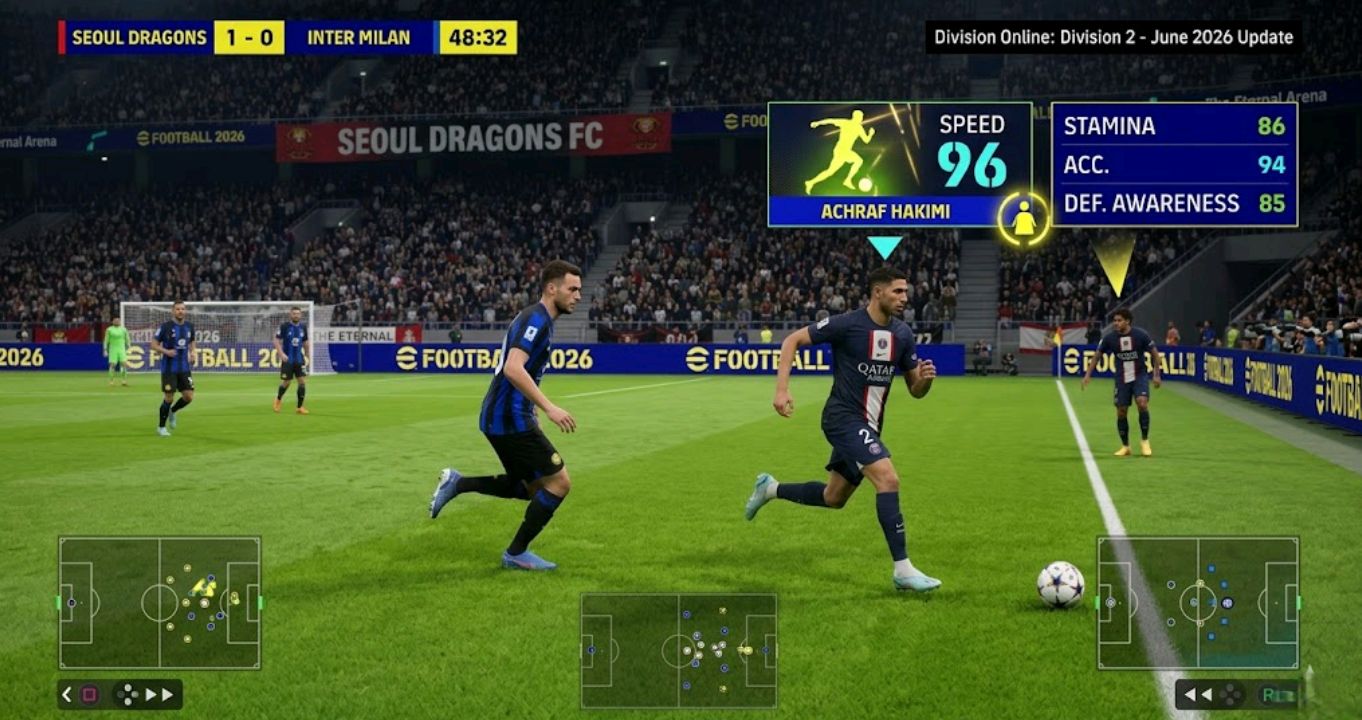 In-game gameplay screenshot showing Hakimi overlapping in eFootball 2026 — speed stat visible