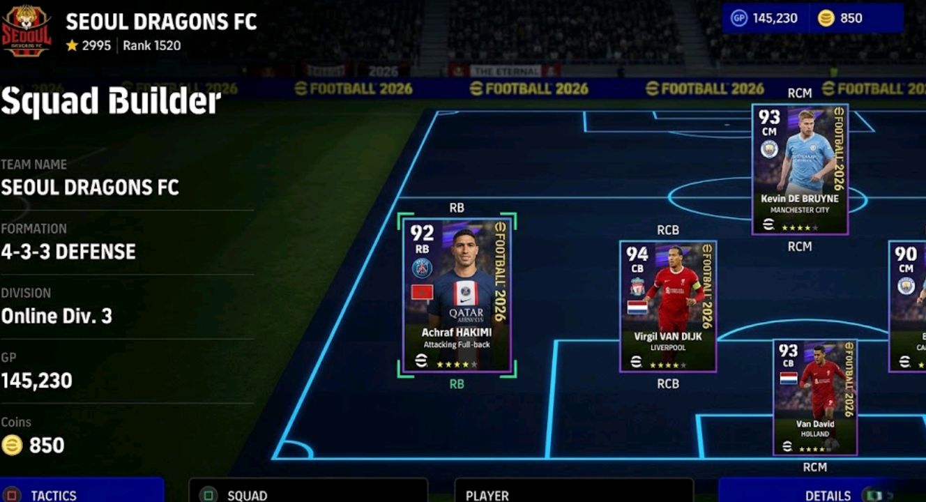 In-game screenshot of top RB cards in eFootball 2026 squad screen — Hakimi, TAA, Reece James