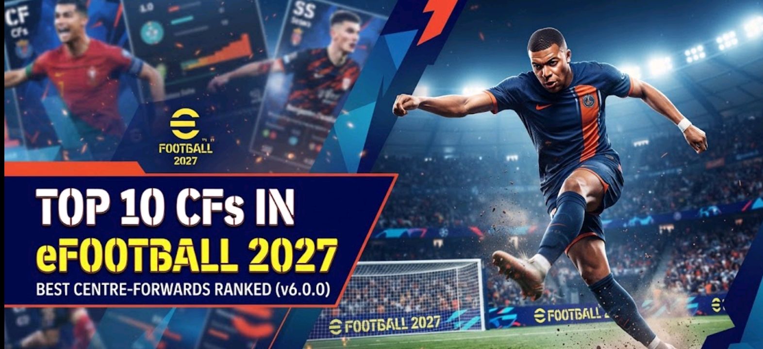 Centre-forward striking the ball in an eFootball 2027-themed graphic