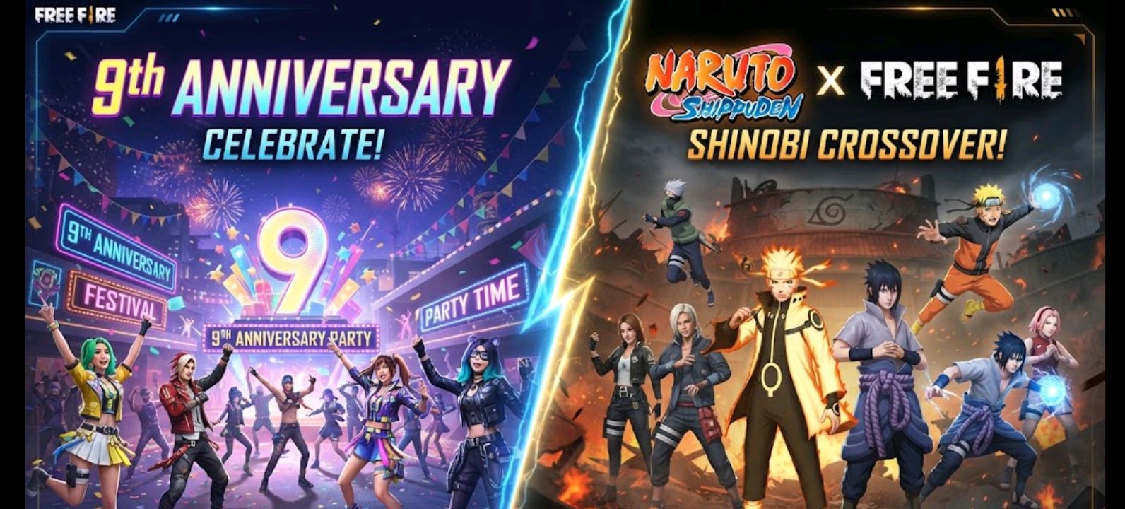 Free Fire 9th Anniversary Party Lobby and OB55 Naruto Shippuden crossover artwork side by side