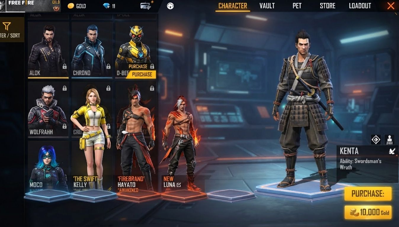 Free Fire character screen with the Gold purchase option visible