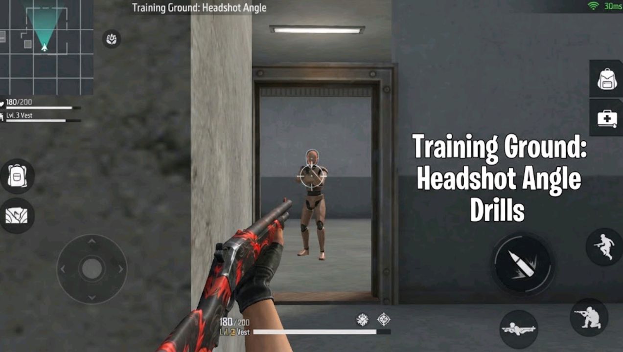 A player peeking a doorway with the crosshair held at head height