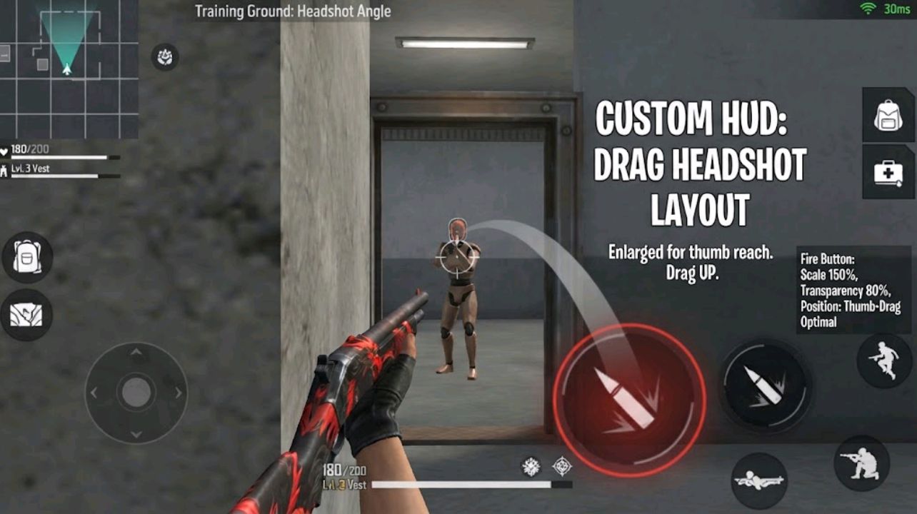 Custom HUD layout with an enlarged fire button placed for thumb reach