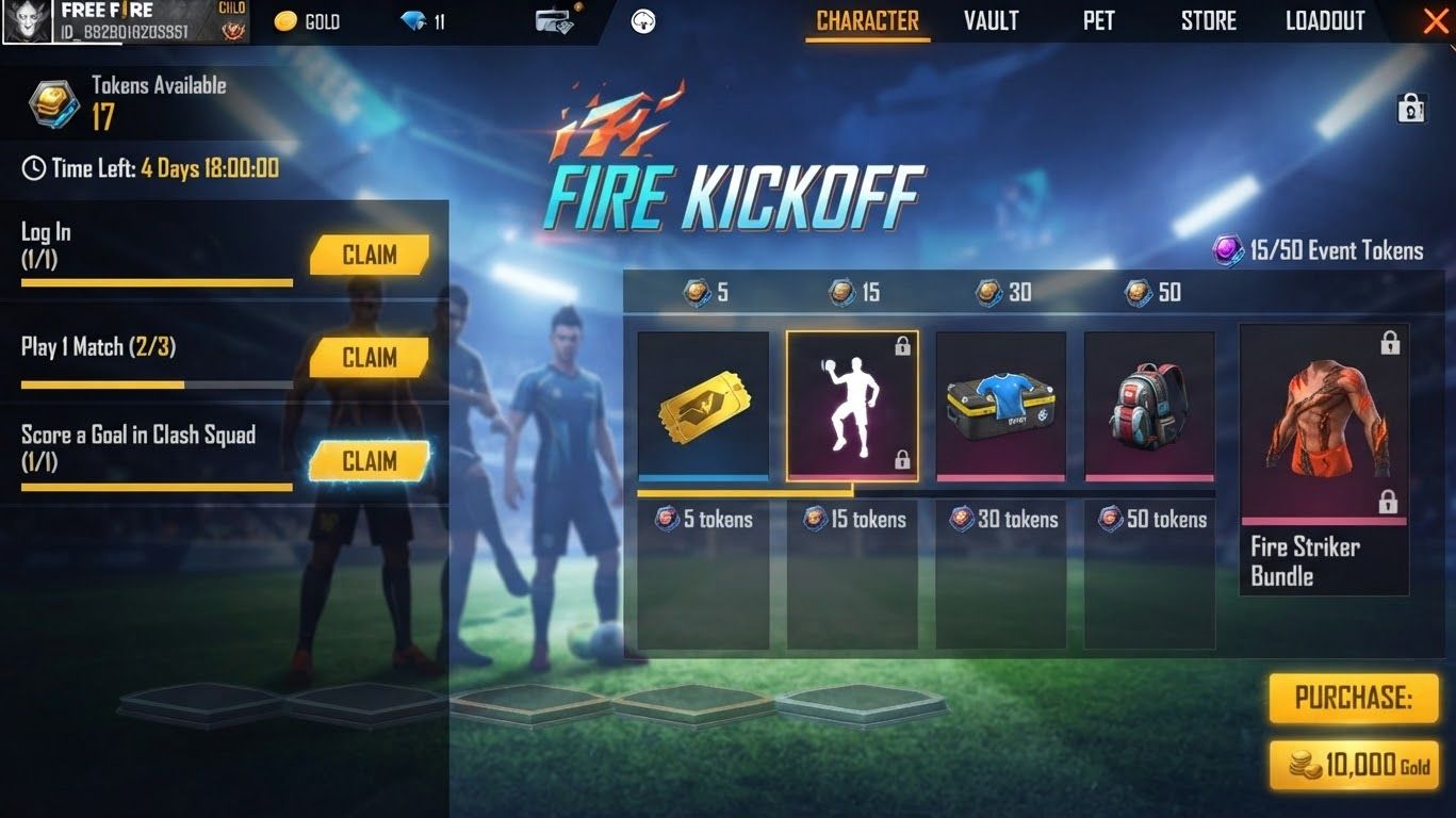 Free Fire event screen with mission progress and reward track