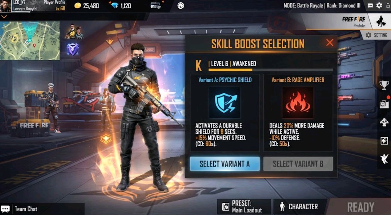 Free Fire OB54 Skill Boost selection screen showing character ability variants