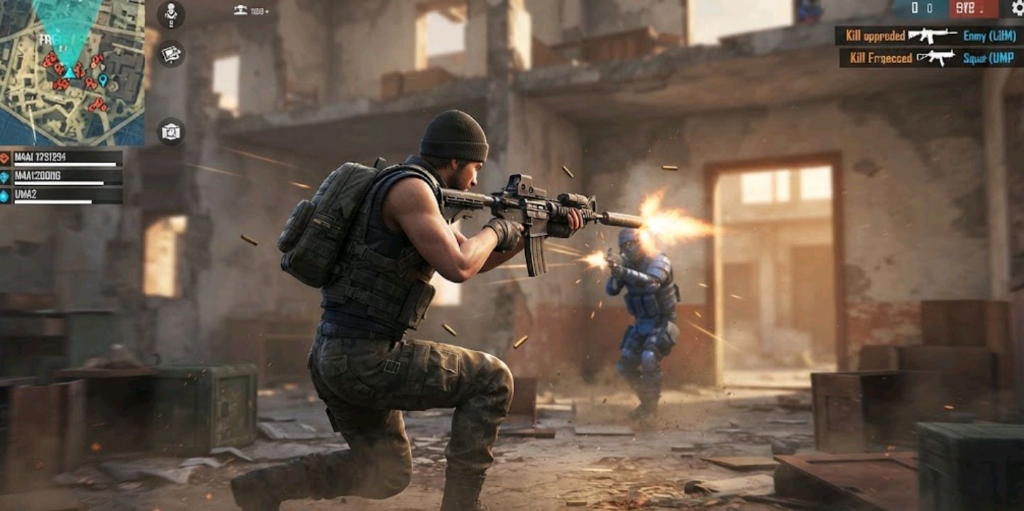 Free Fire character performing a drop shot during a close-range gunfight