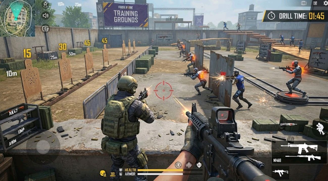 Free Fire training grounds mode showing bot targets for practice