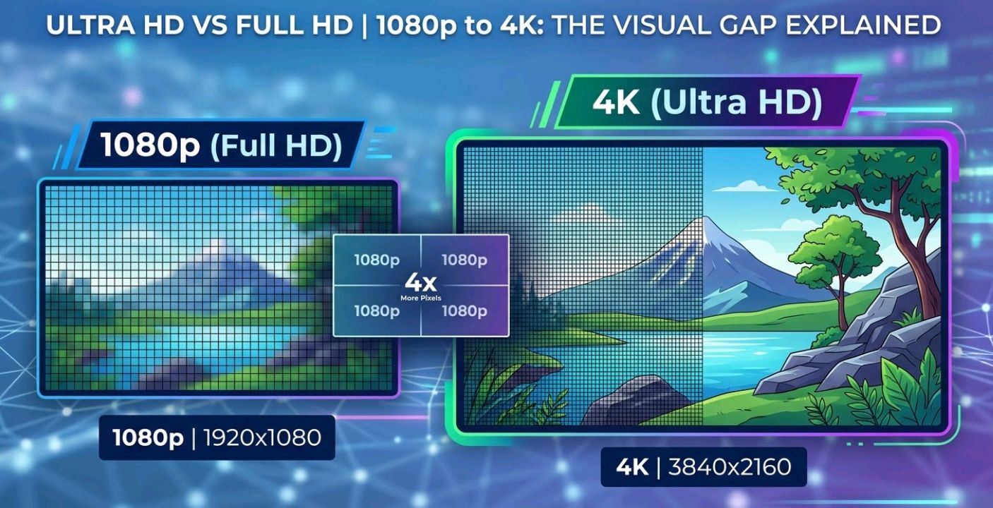 Side-by-side comparison of 1080p and 4K frames from a smartphone video