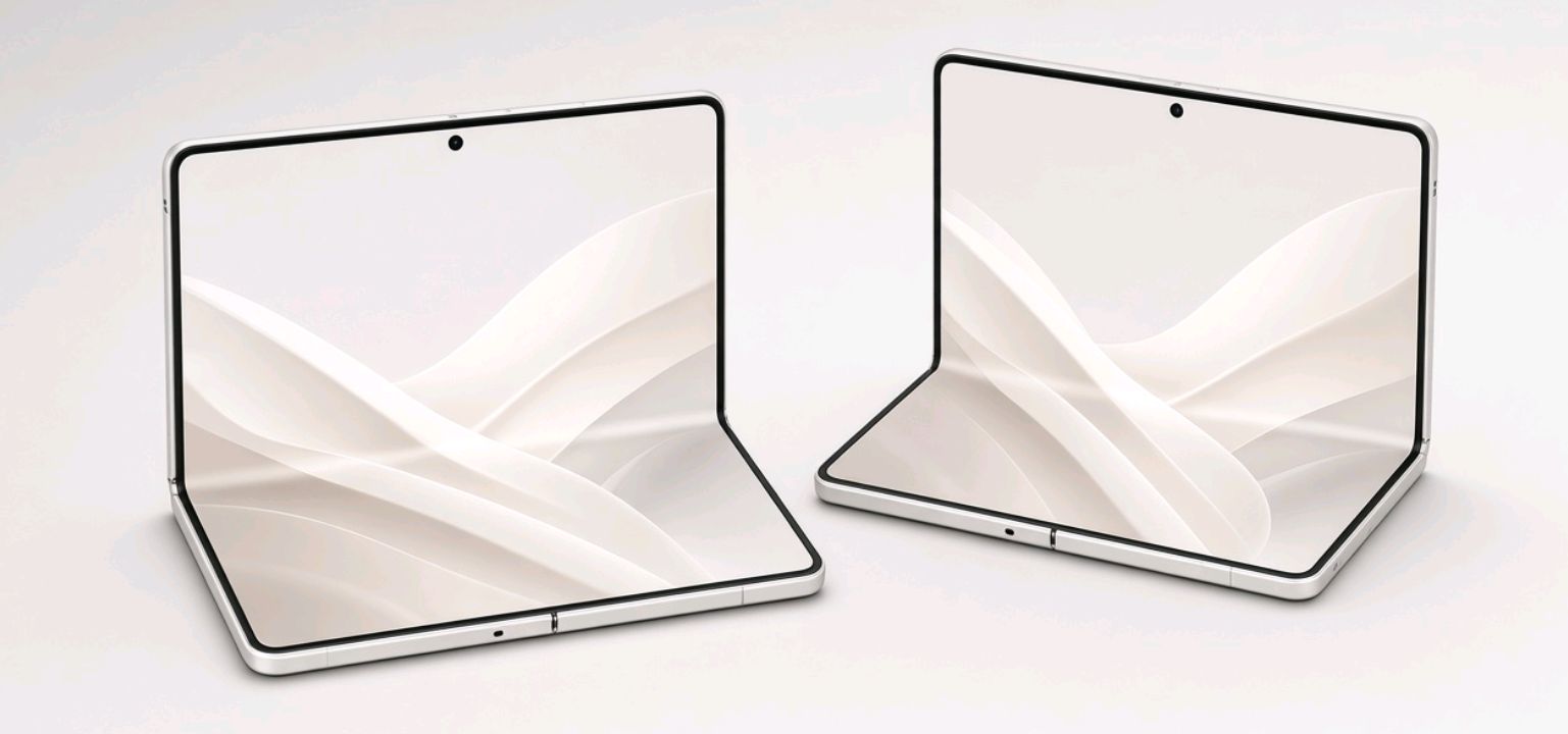 Honor Magic V6 and Magic V5 foldable phones shown side by side, partially unfolded