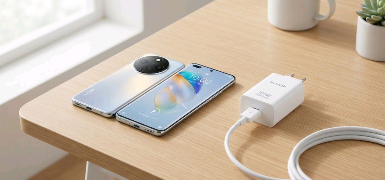 Honor 400 Pro resting screen-up beside its 100W SuperCharge brick
