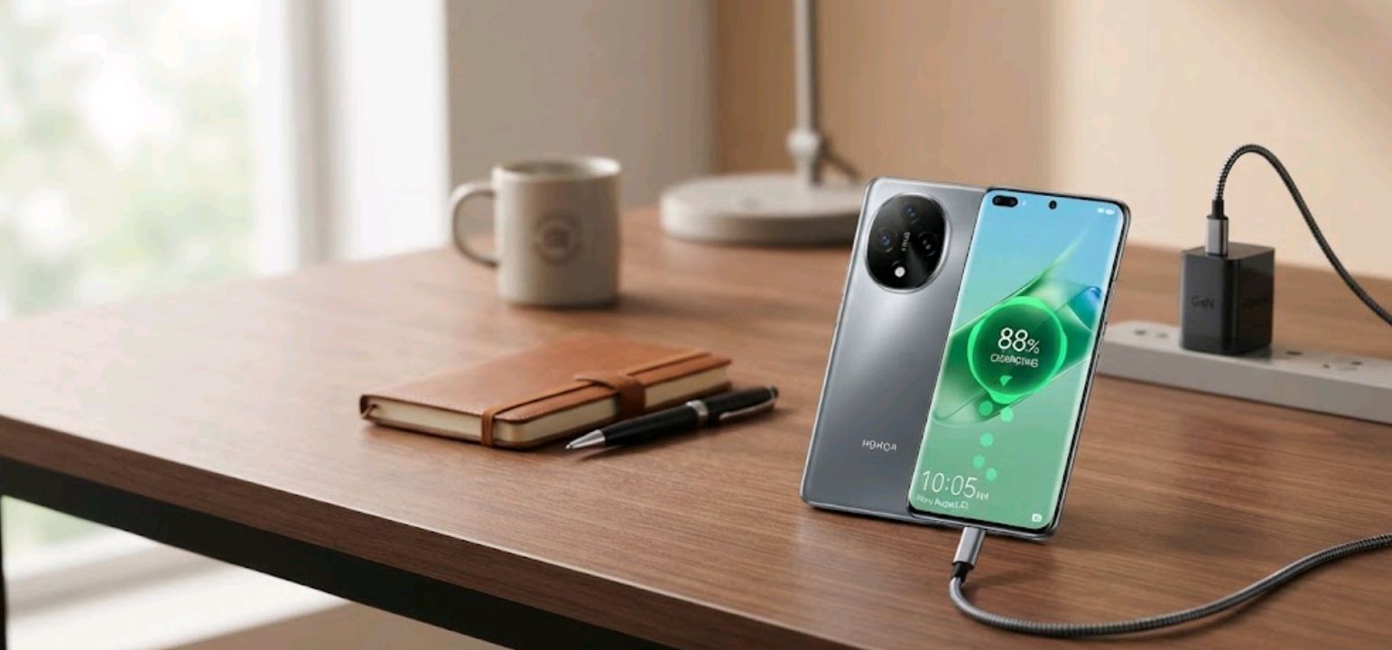 Honor phone charging on a desk with battery percentage visible