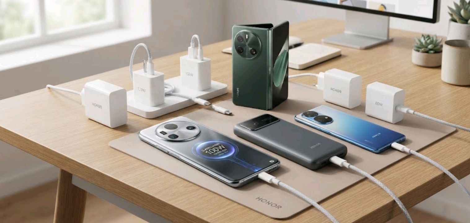 Honor SuperCharge phones and charging brick laid out on a desk, representing Honor's 2026 fast-charging lineup