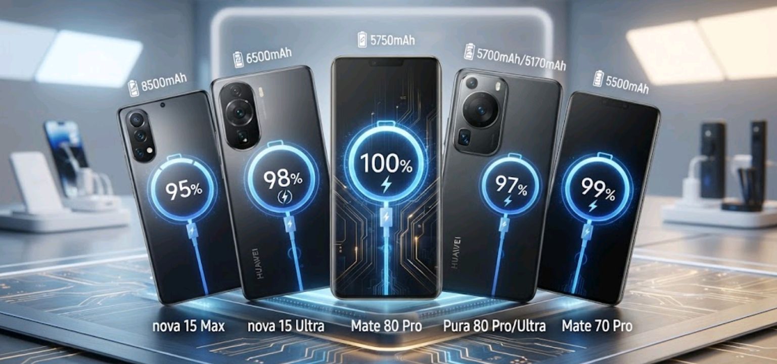 Five Huawei smartphones arranged with battery percentage icons overlaid, representing a battery life comparison