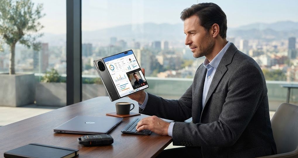 Huawei Mate series phone used in an outdoor, business-focused setting with satellite messaging