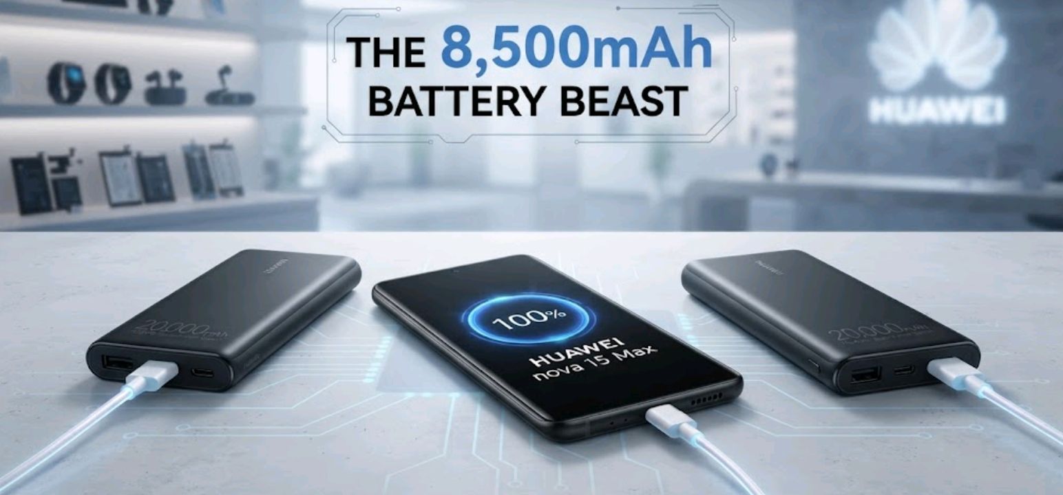 Huawei nova 15 Max resting screen-up next to a power bank, illustrating its oversized battery