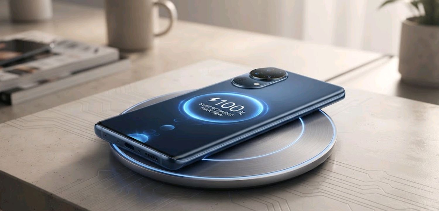 Huawei nova 15 Ultra charging on a wireless pad with a countdown timer overlay